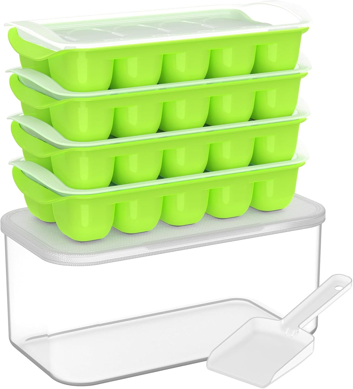DOQAUS Ice Cube Tray with Lid and Bin - 4 Pack Ice Bucket Kits, Stackable
