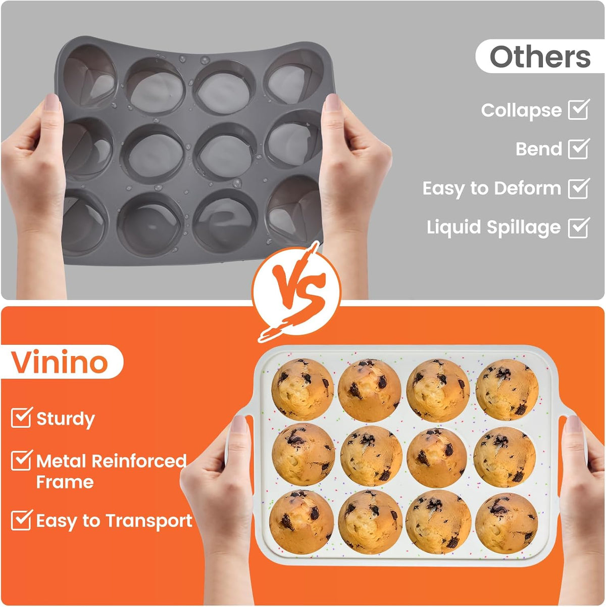 Vinino 2Pack Silicone Muffin Pan for Baking with Metal Reinforced Frame, 12