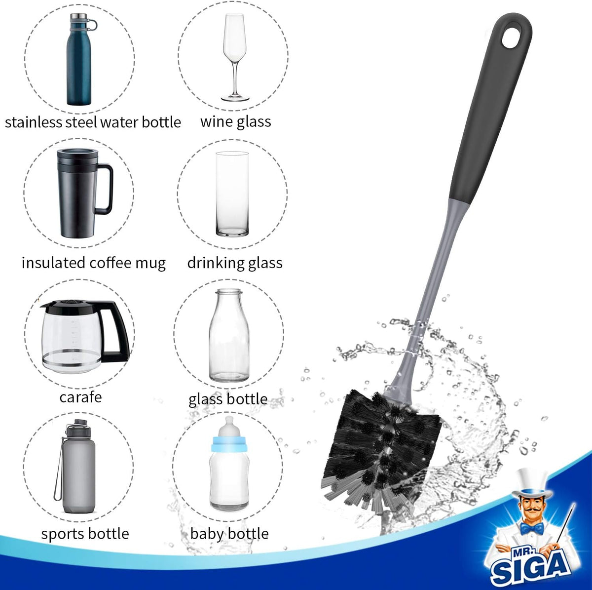 MR.SIGA Long Handle Bottle Brush, Flexible Scrub Brush for Water Bottles