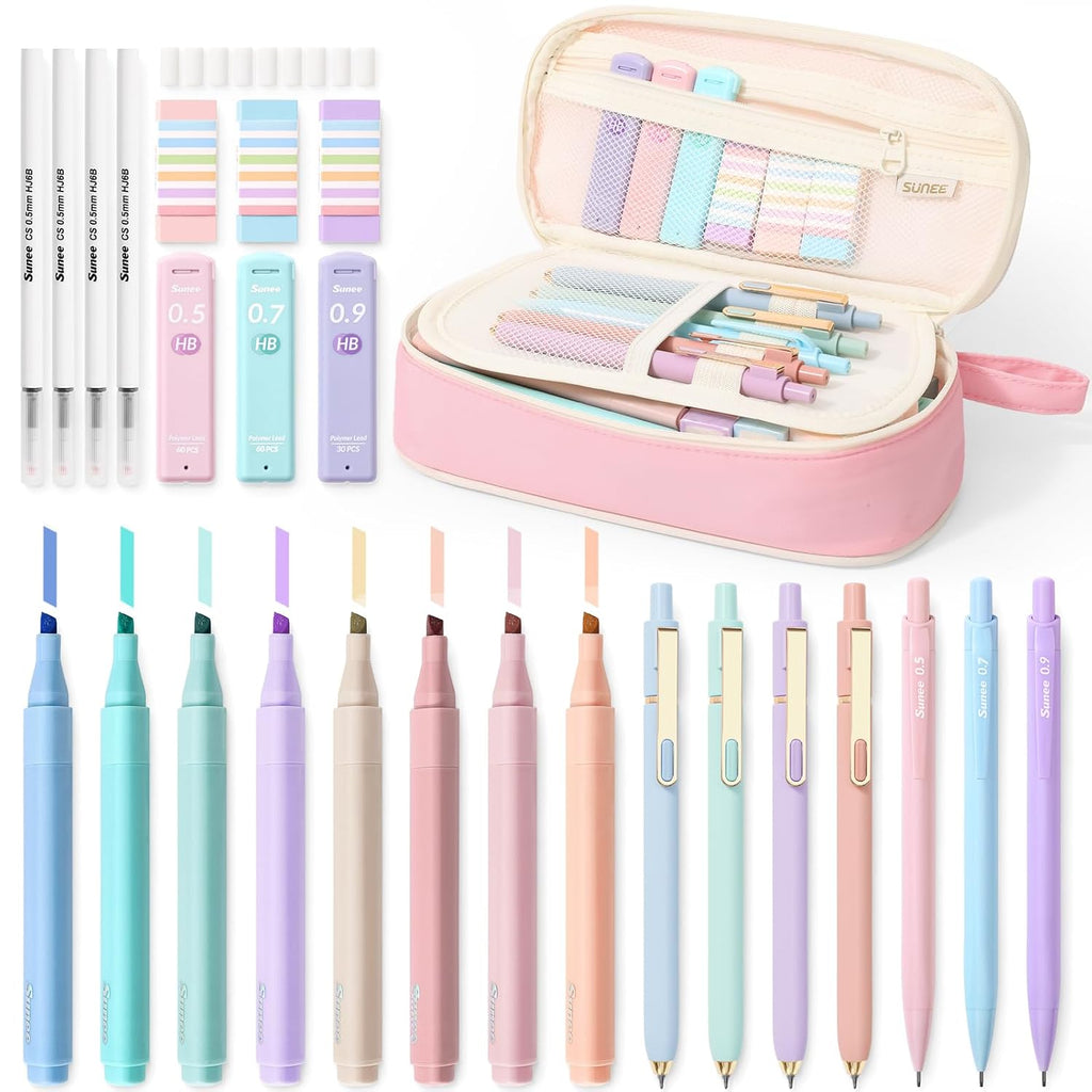 SUNEE Pencil Case with Supplies, 35PCS Aesthetic Stationery Set with Pastel