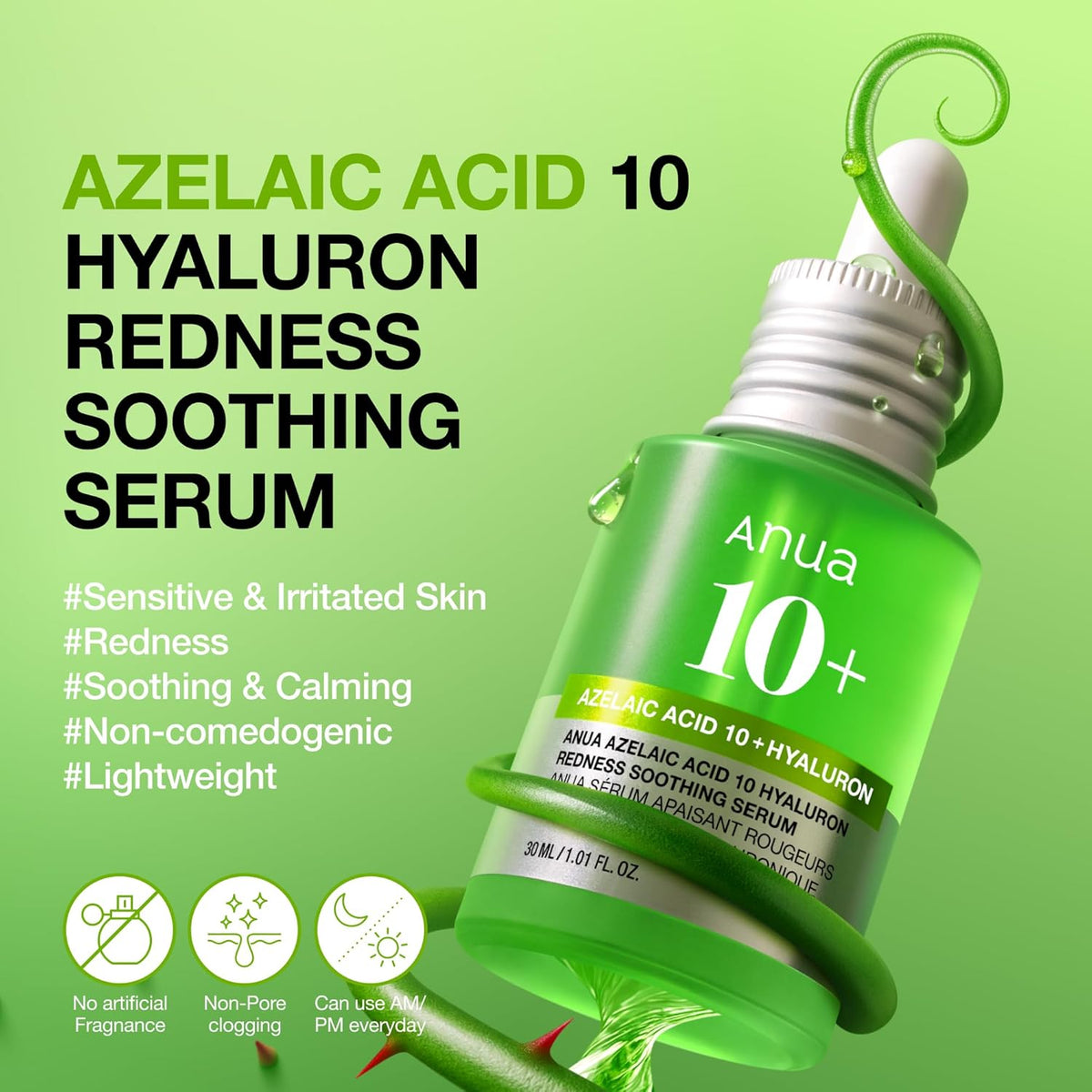 Anua Azelaic Acid 10 Hyaluron Redness Soothing Serum, Facial Serum for