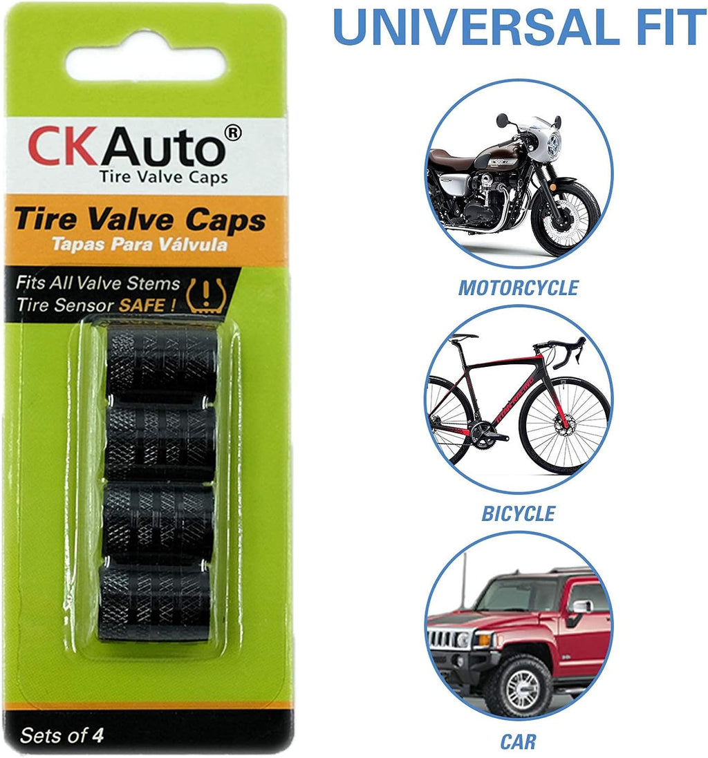 CKAuto Tire Valve Stem Caps, Black, 4 pcs/Pack, Anodized Aluminum Tire Valve
