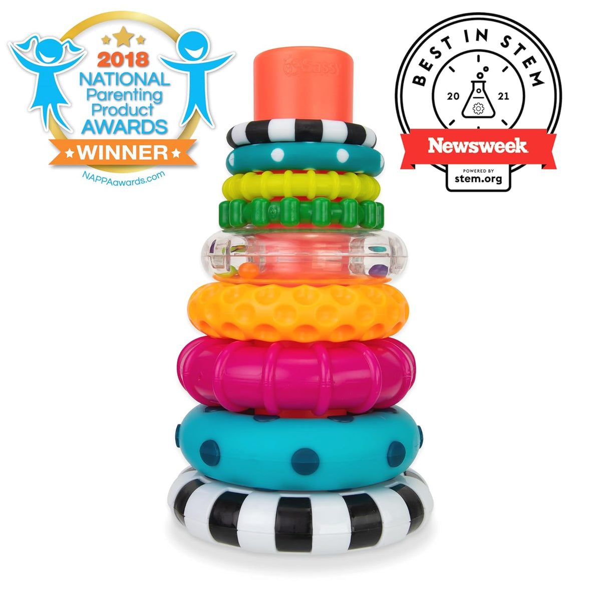 Sassy Stacks of Circles Stacking Ring STEM Learning Toy, Age 6+ Months