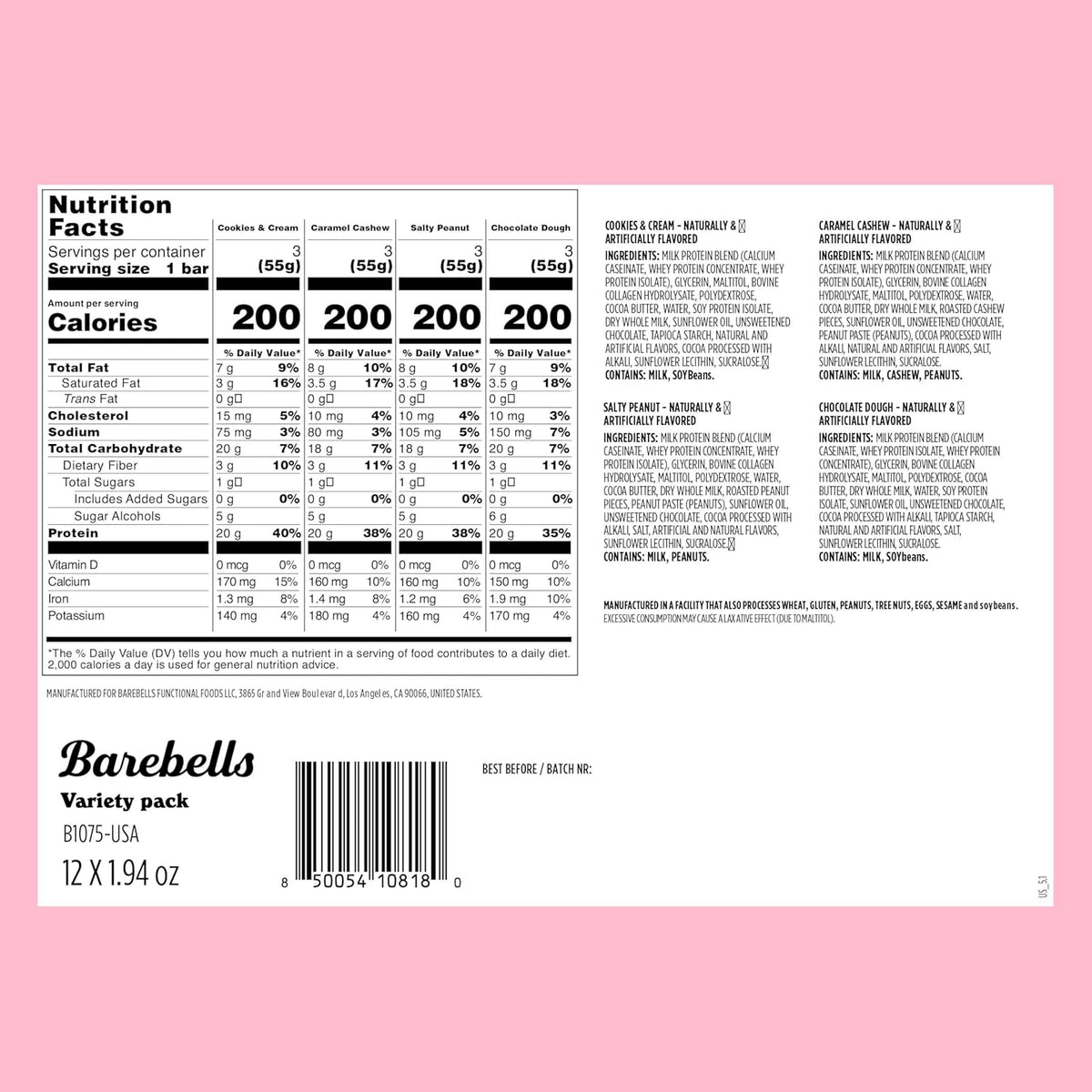 Barebells Protein Bars Variety Pack - 12 Count, 1.9oz Bars - Protein Snacks